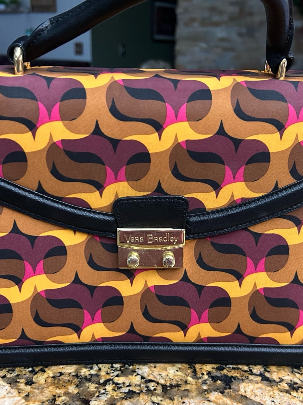 Vera Bradley Retro Print Top-Handle Bag in Brown/Pink/Yellow